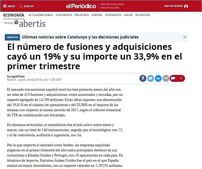 El nmero de fusiones y adquisiciones cay un 19% y su importe un 33,9% en el primer trimestre